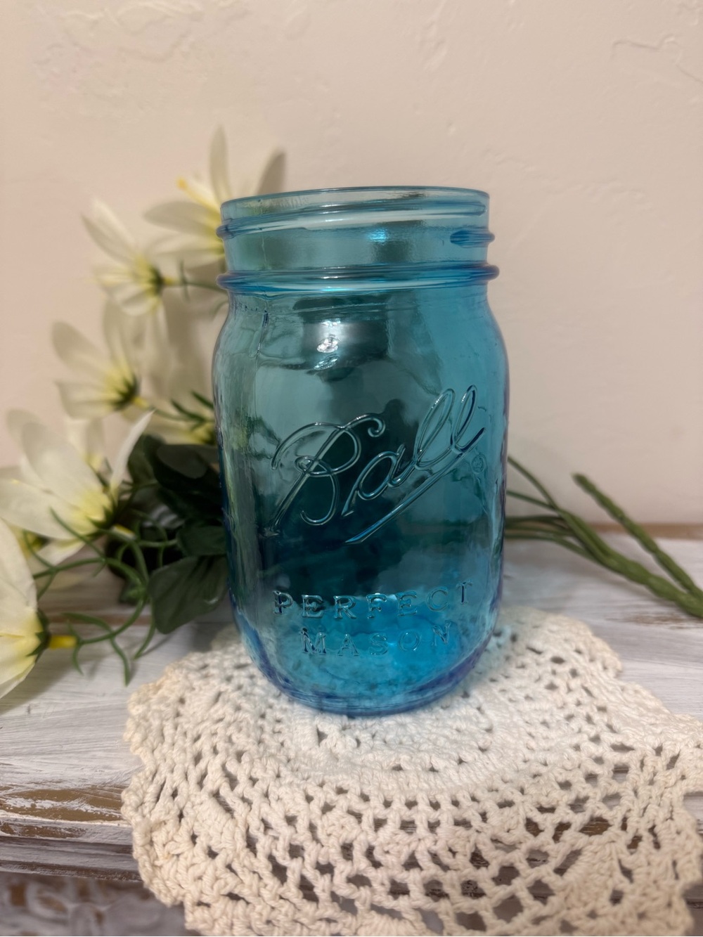Blue Glass Mason Jar - Decorative Home Accent
